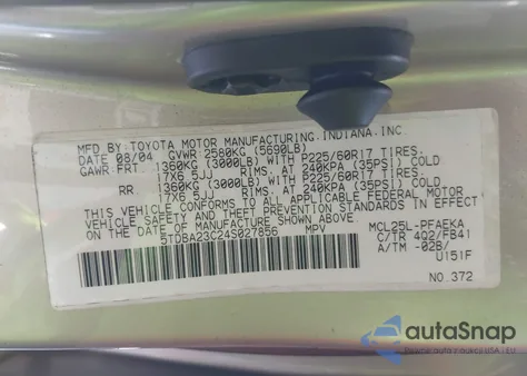 2004 Toyota Sienna Le из США, поврежденный, VIN 5TDBA23C24S027856